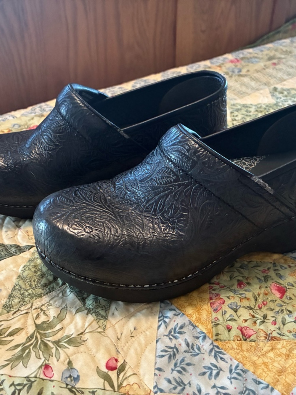Dansko Black Embossed Leather Slip-On Clogs